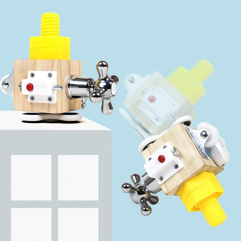 Unisex Montessori busy cube, an educational wood toy enhancing fine motor skills.