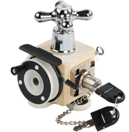 Portable wooden busy cube, an ideal travel toy for educational and sensory play.