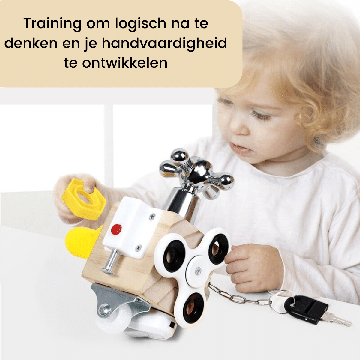 Unisex busy cube, a durable wooden toy designed for Montessori-inspired sensory development.