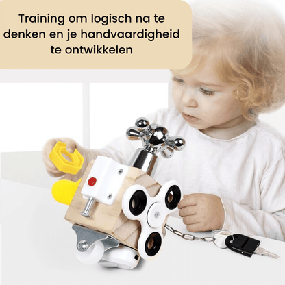 Unisex busy cube, a durable wooden toy designed for Montessori-inspired sensory development.