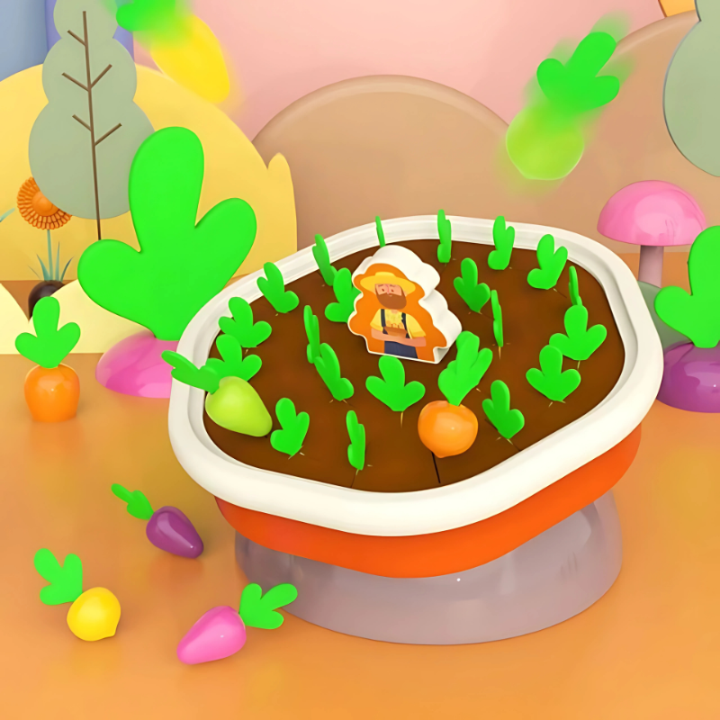Montessori Carrot Harvest Game for kids, developing fine motor skills and memory, with colorful wooden carrots.