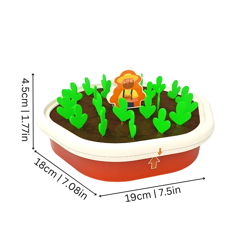 Children's educational carrot game, a toddler learning toy enhancing fine motor skills with a fun harvest theme.