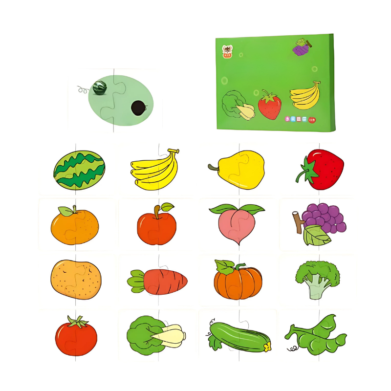 Colorful educational puzzle set with cars, fruits, and animals for children's engaging play