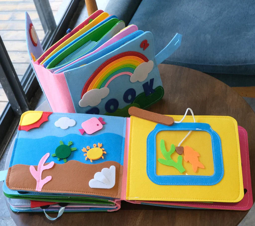 Montessori educational toy, a felt book with various closures teaching practical life skills