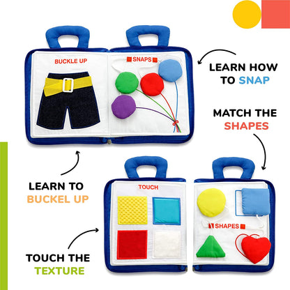 Toddler Montessori activity book, colorful pages with interactive elements for sensory and motor skill learning.