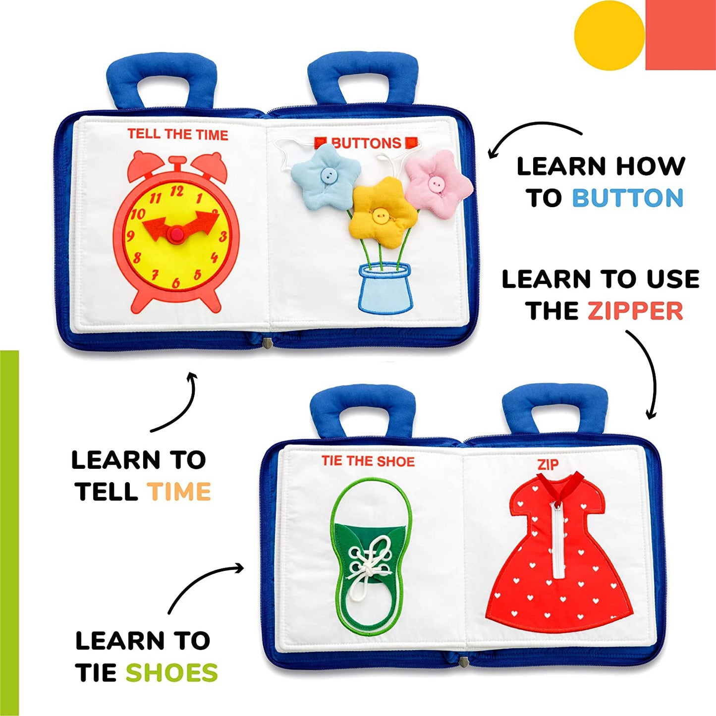Close-up of a kids' Montessori activity book, showing textured elements for fine motor skill development.