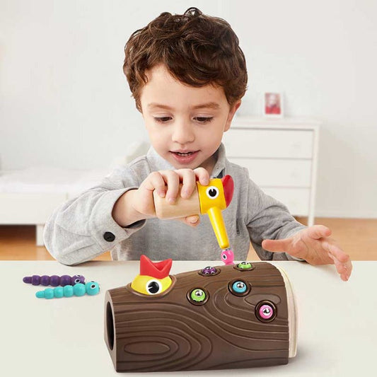 Montessori Hungry Woodpecker fine motor skill toy, red bird with magnetic head picking up colorful worms