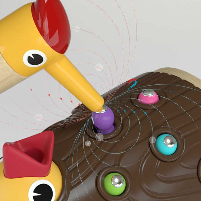 Montessori wooden Hungry Woodpecker fine motor toy, featuring a tree stump with holes and colorful worm pieces
