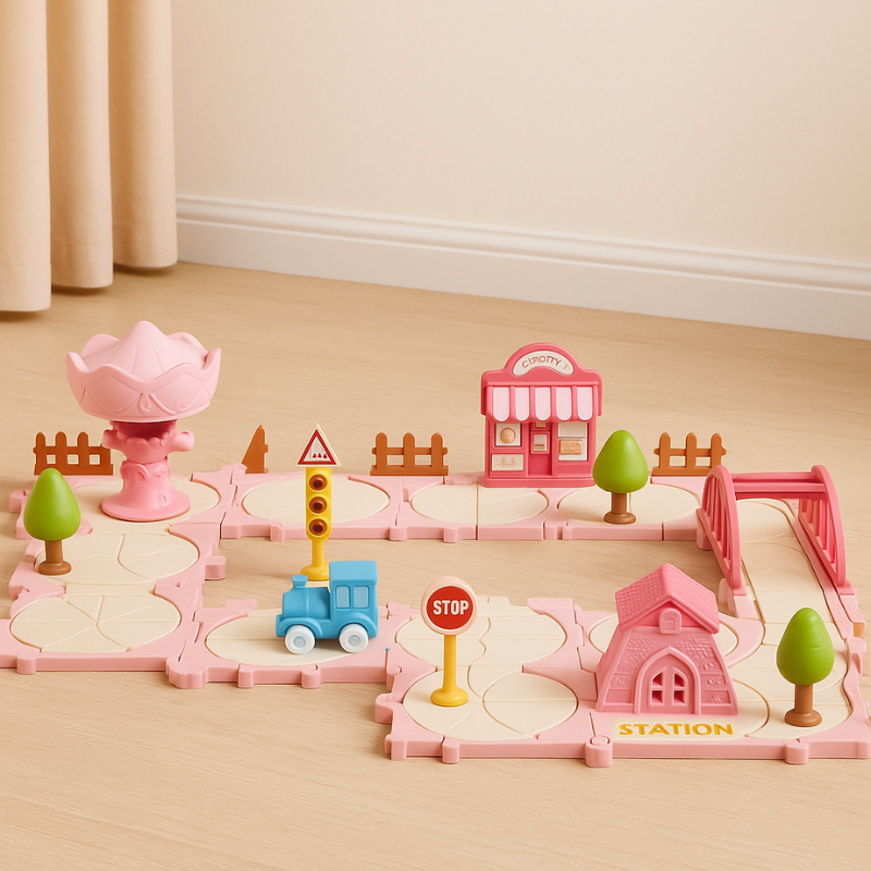 Montessori kids' educational track puzzle playset, encouraging creative problem-solving for ages 3-5.