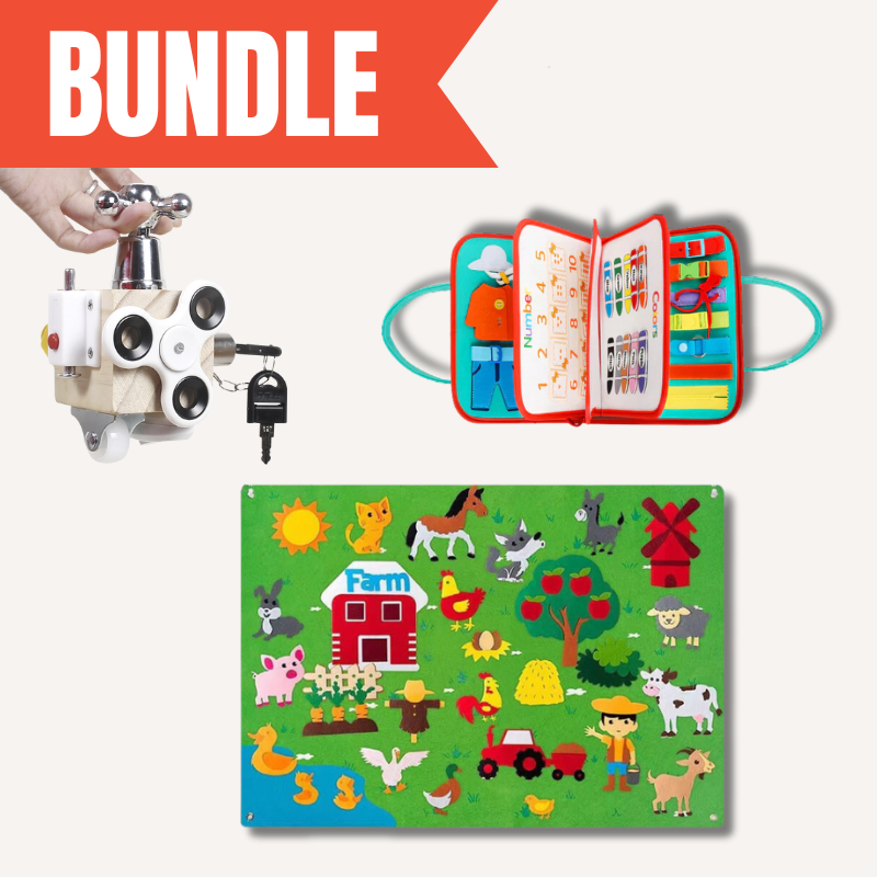 Montessori learning bundle for children: wooden shapes, colorful blocks, and an abacus on a play mat.