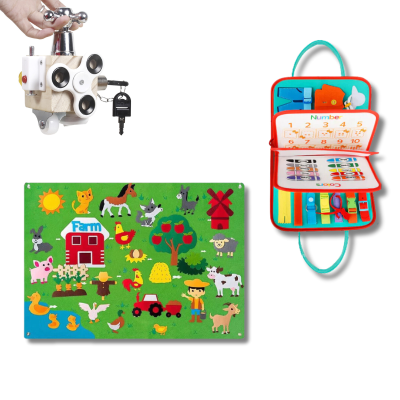 Early learning Montessori bundle for toddlers, showing colorful stacking rings and a threading activity.
