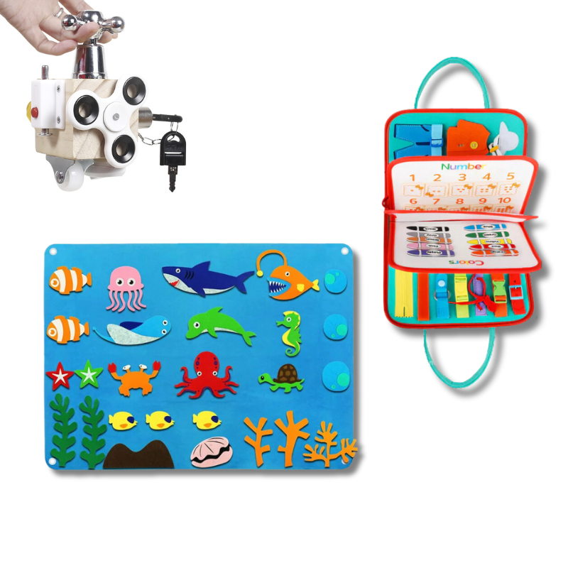Kids' Montessori sensory play bundle: building blocks, lacing beads, and a shape puzzle on a wooden table.