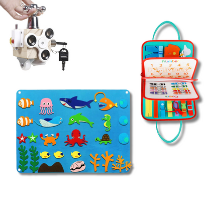 Kids' Montessori sensory play bundle: building blocks, lacing beads, and a shape puzzle on a wooden table.