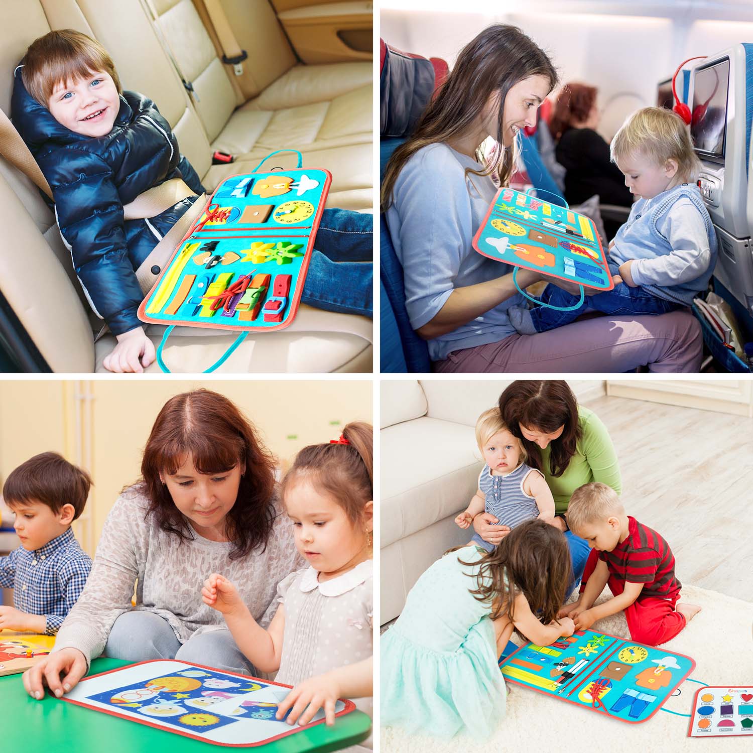 Close-up of a Montessori sensory book, showcasing felt fabric elements for tactile exploration, learning shapes