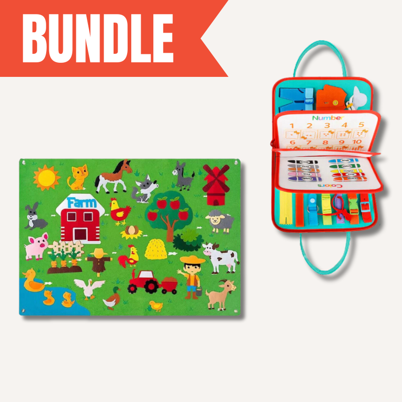 Montessori sensory learning bundle for kids, featuring a vibrant feltboard with colorful shapes and numbers.