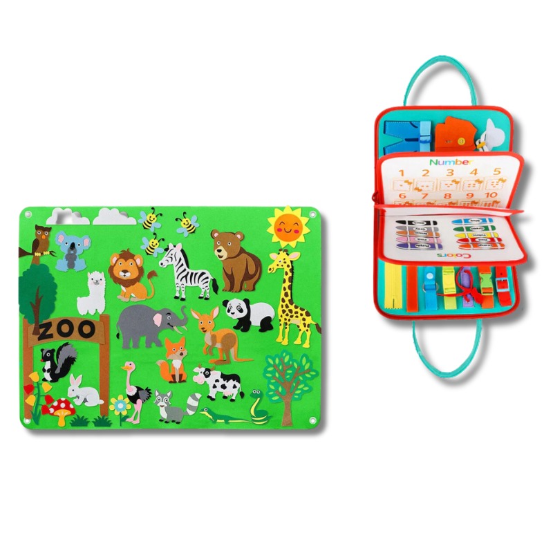 Children's educational montessori bundle: a feltboard with geometric shapes and animal figures for learning.