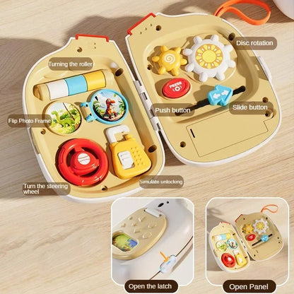 Toddler's educational travel toy: interactive sensory game board suitcase with latches, zippers & buckles