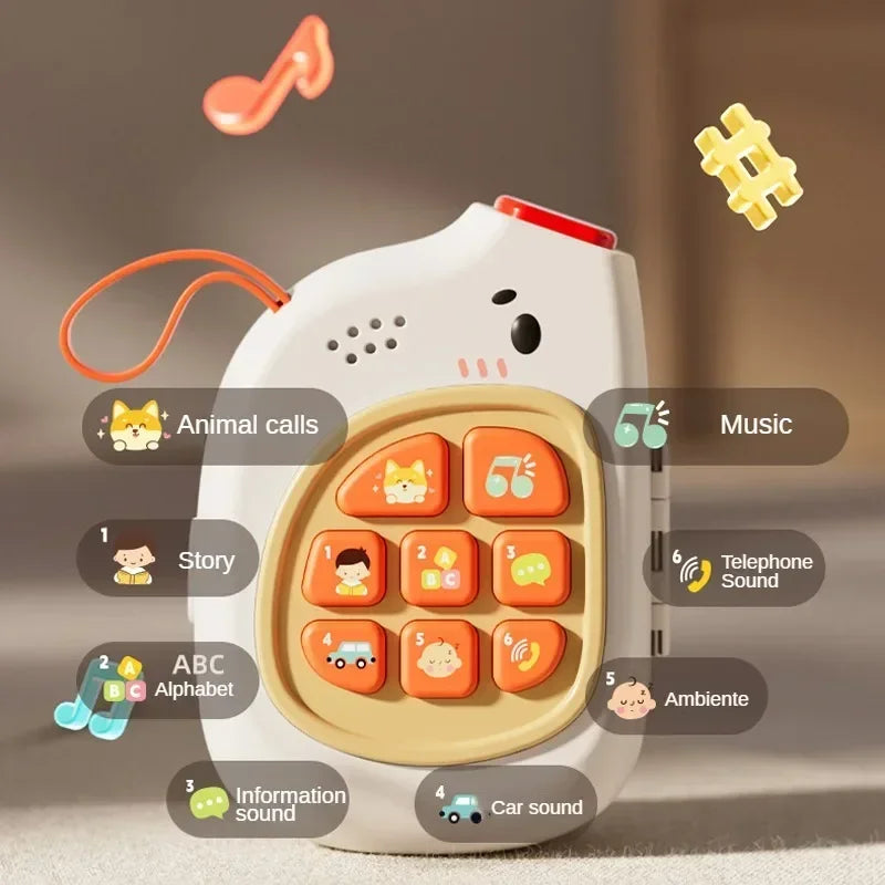Close-up of a child's hands exploring an interactive sensory game board suitcase, a fun educational toy