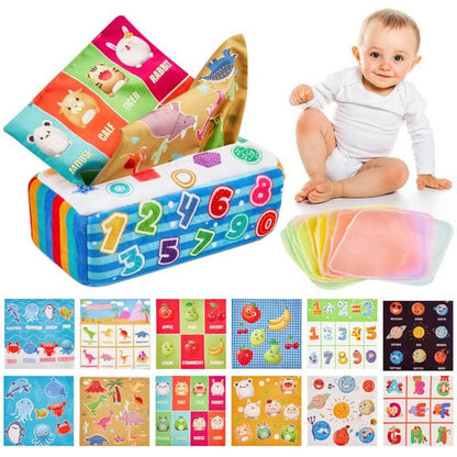 Montessori sensory tissue box with crinkle paper and colorful silk scarves for baby learning