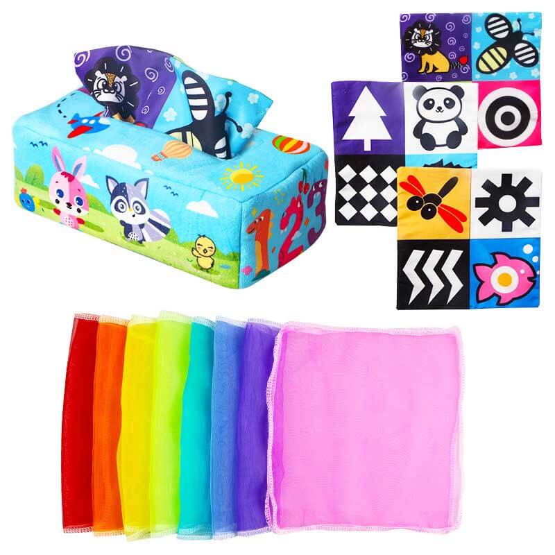 Ideal baby gift: Montessori sensory tissue box for infant development with crinkle paper and scarves