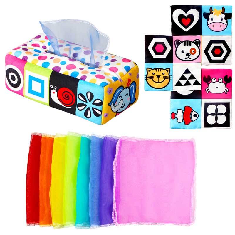 Montessori-inspired sensory tissue box toy with vibrant crinkle paper and silk scarves for babies