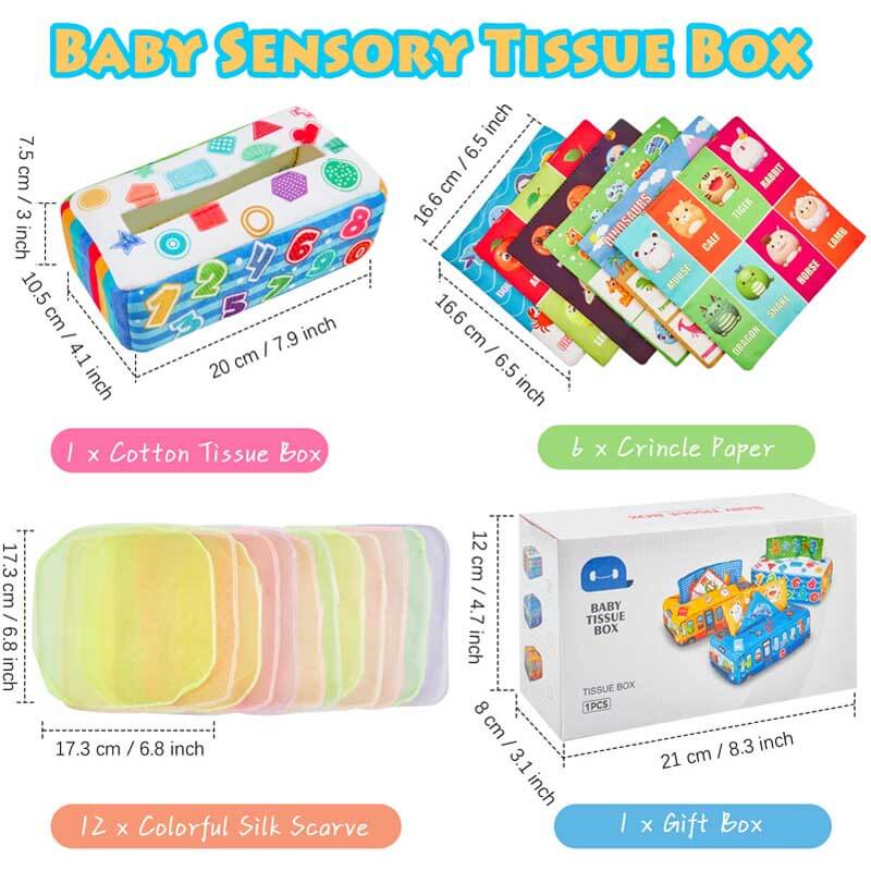 Close-up of baby pulling a vibrant silk scarf from a soft Montessori sensory tissue box toy