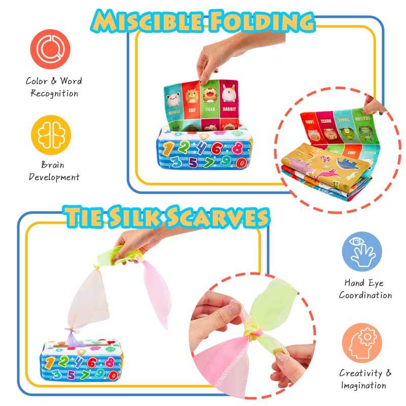 Infant playing with crinkle paper from a fabric tissue box, promoting sensory development
