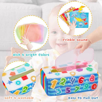 Educational baby toy: Montessori tissue box with several colorful crinkly silk scarves