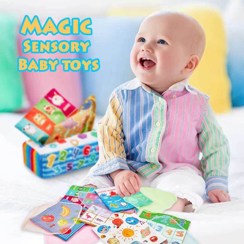 Montessori sensory tissue box toy, designed for infants, with soft fabric and engaging textures
