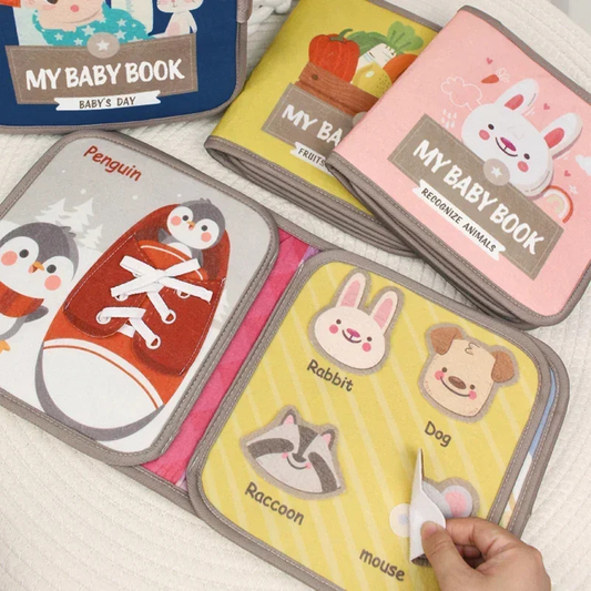 Montessori soft fabric activity book for toddlers, sensory play & early learning, 'My First Book' design