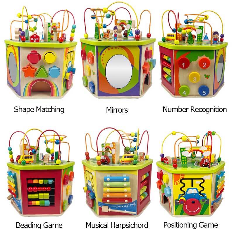 Toddler playing with Montessori wooden activity cube, engaging in sensory play, developing fine motor skills