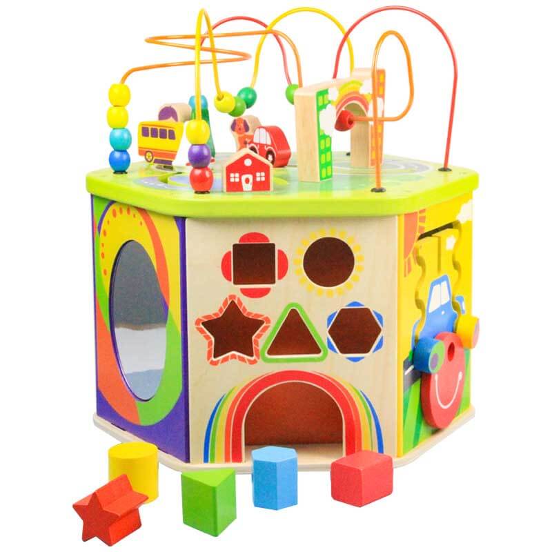 Side view of Montessori wooden activity cube showing clock, shape sorter, and spinning gears for learning
