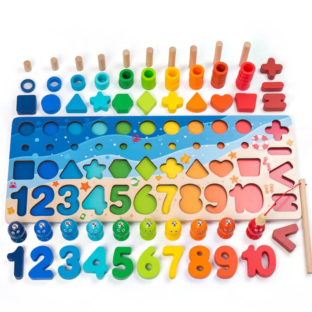 Toddler wooden montessori board with colorful shapes for skill development, educational sensory play