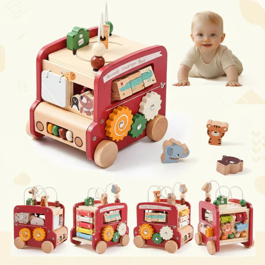Montessori wooden activity bus for toddlers, promoting fine motor skills & educational play.