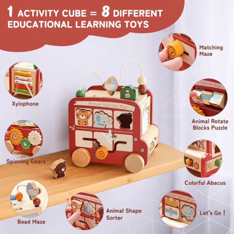Unisex wooden montessori activity bus toy with shape sorters & gears for preschool learning.