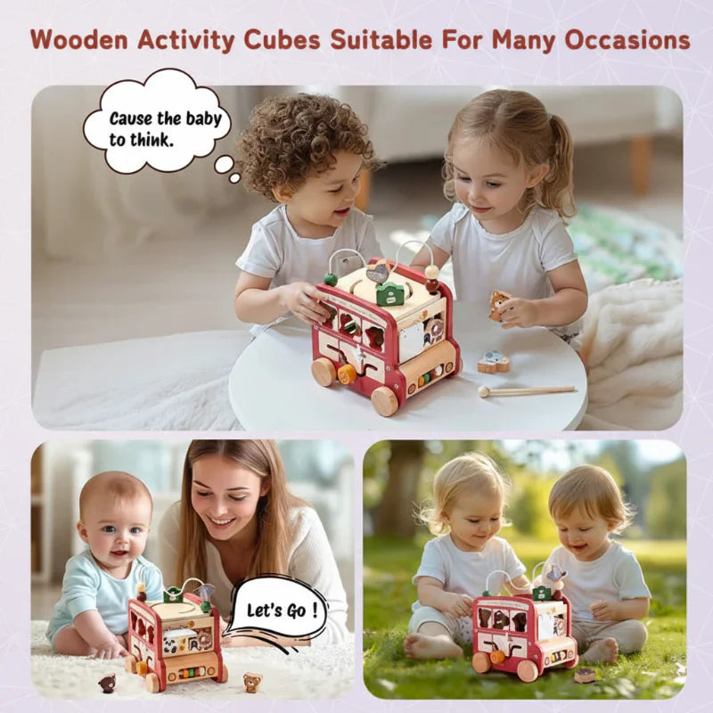 Eco-friendly wooden activity bus travel toy, perfect for toddlers developing fine motor skills.