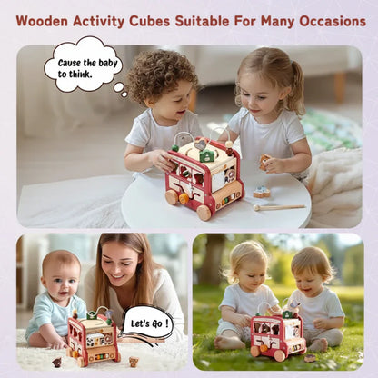 Eco-friendly wooden activity bus travel toy, perfect for toddlers developing fine motor skills.