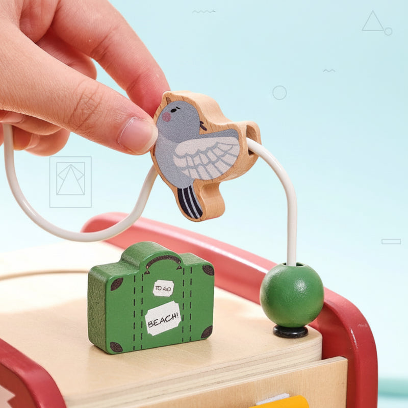 Durable wooden activity bus, ideal montessori toy for travel and stimulating toddler minds.