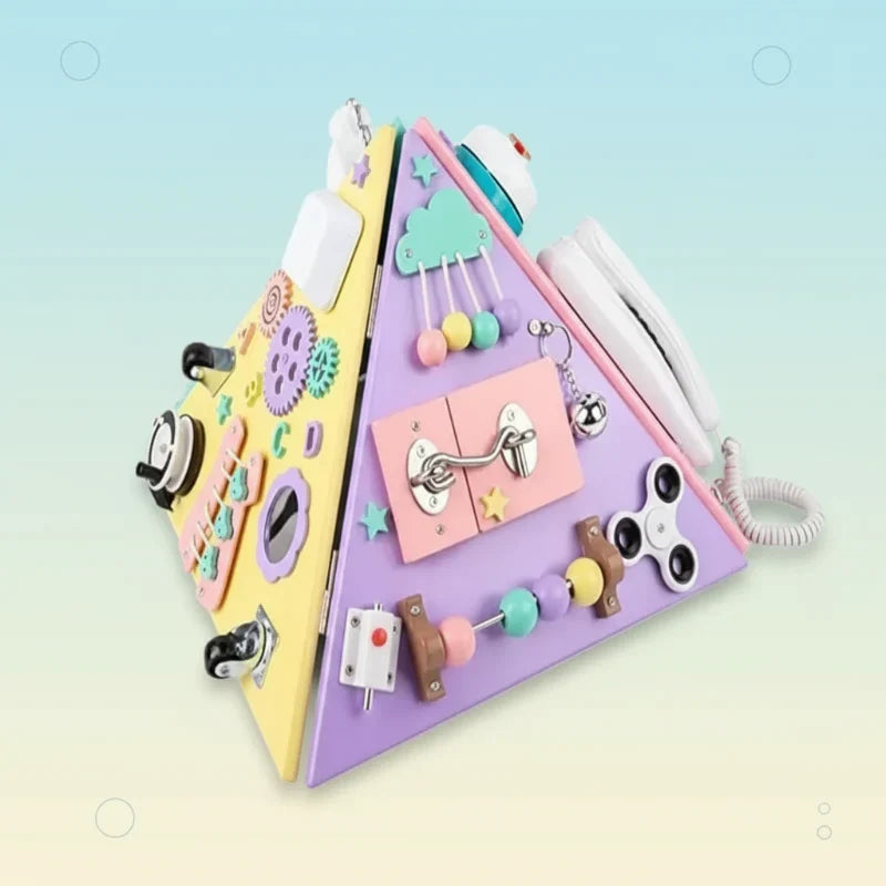 Montessori wooden activity pyramid for toddlers, enhancing fine motor skills and sensory play.
