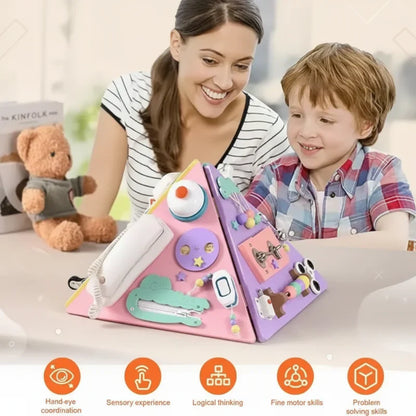 Kids' educational activity pyramid toy with multiple sides for learning, a montessori classic.