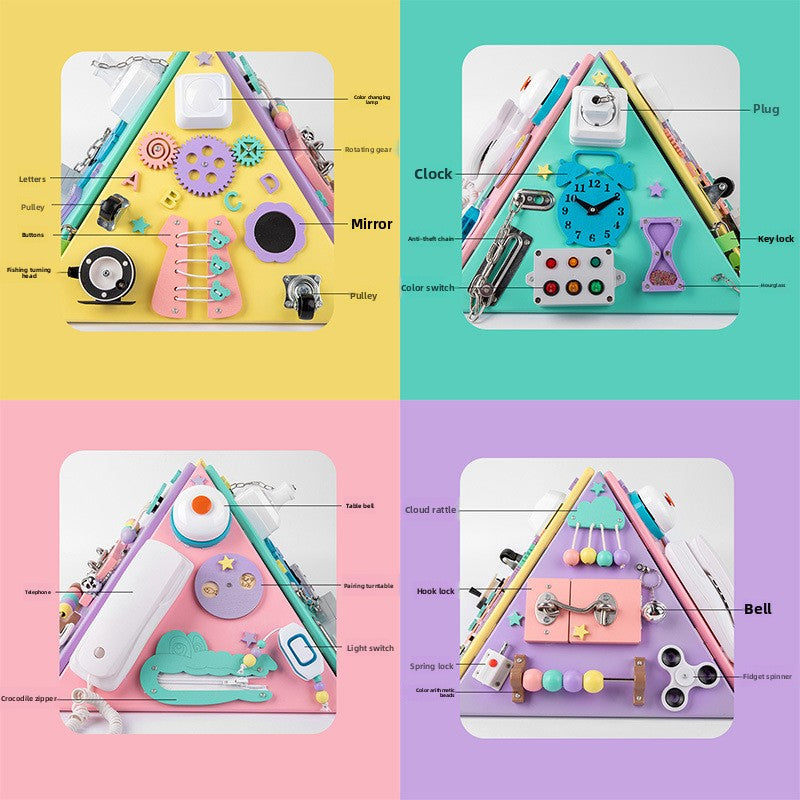 Montessori activity pyramid focusing on shapes & colors, an educational toy for fine motor skill development.