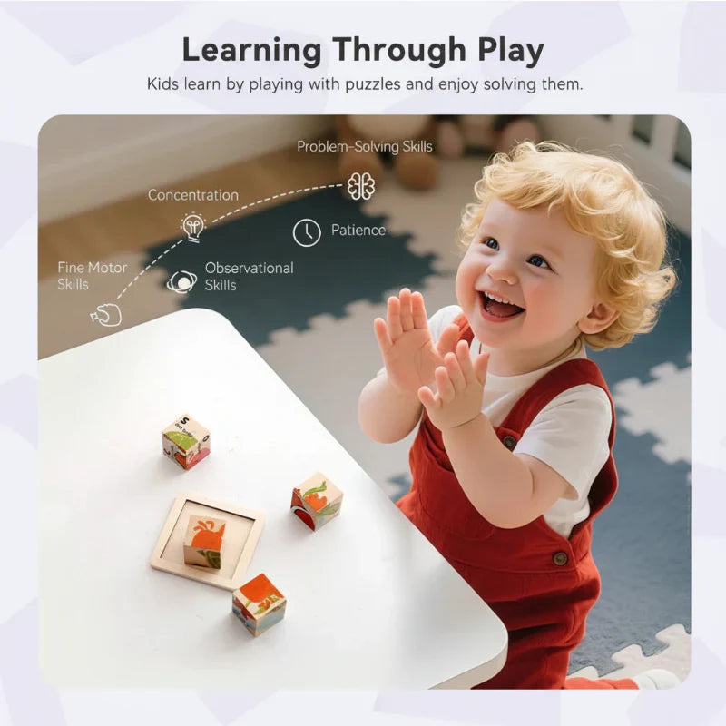 Toddler playing with 6-in-1 Montessori wooden animal puzzle, a fun educational learning game