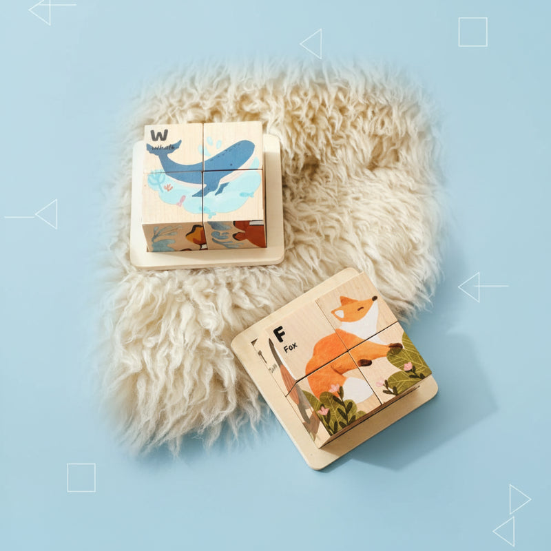 Preschooler happily solving a Montessori wooden animal puzzle, improving learning & fine motor skills