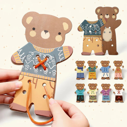 Montessori wooden bear threading toy for kids, enhancing fine motor skills and concentration.