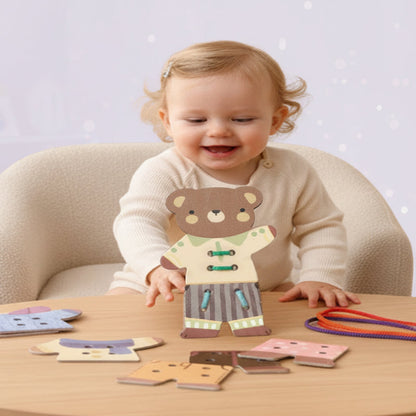 Close-up of a wooden bear threading toy, perfect for developing fine motor skills in young children.