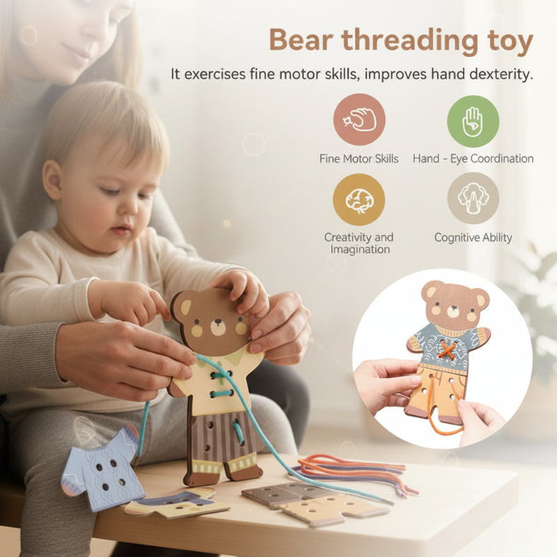Kids' educational threading toy featuring a wooden bear; a Montessori tool for fine motor development.
