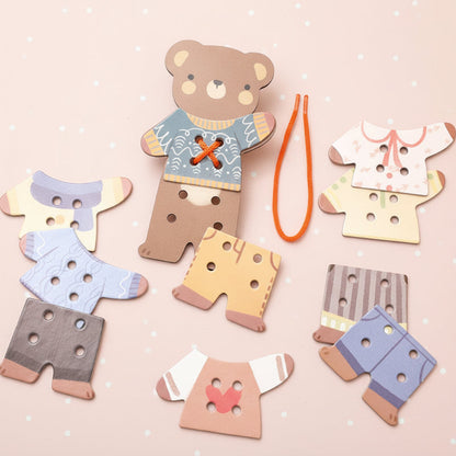 Preschool learning wooden bear threading toy, ideal for sensory play and enhancing concentration.