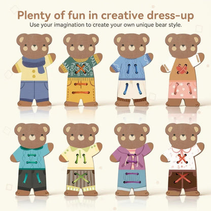 Montessori wooden bear toy with threading laces, designed to boost fine motor skills & cognitive development.