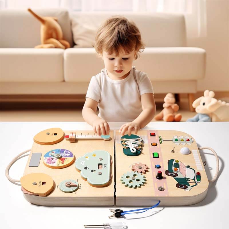 Montessori wooden busy board with buckles, zippers, and laces for toddler fine motor skill development.