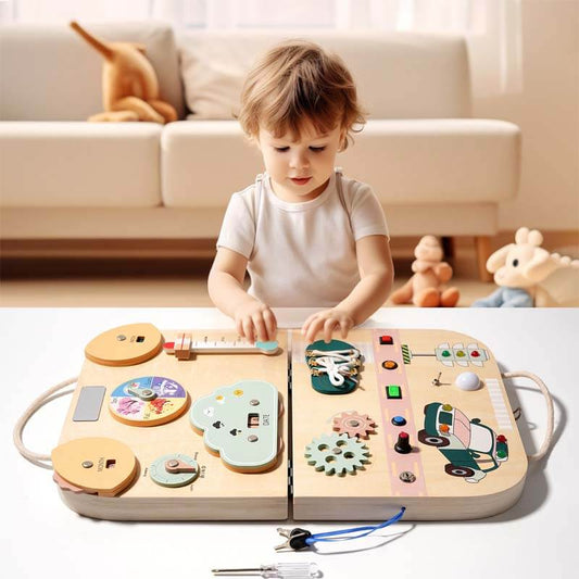 Montessori wooden busy board with buckles, zippers, and laces for toddler fine motor skill development.